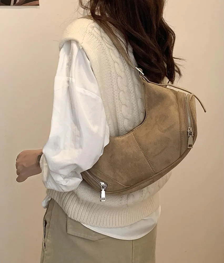 Vintage Women Suede Crescent Bag Large Capacity Shoulder Bag Trendy Satchel Purse Causal Crossbody Bag with Adjustable Strap