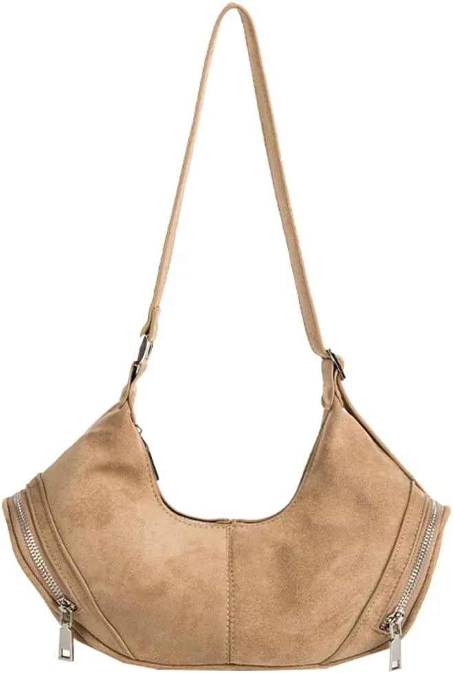 Vintage Women Suede Crescent Bag Large Capacity Shoulder Bag Trendy Satchel Purse Causal Crossbody Bag with Adjustable Strap