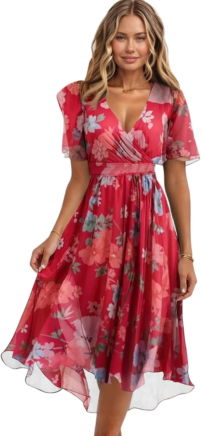 Wedding Guest Dresses for Women,Floral Chiffon Spring Summer Sexy Dresses Cocktail Womens Midi Dress Wrap Flowy