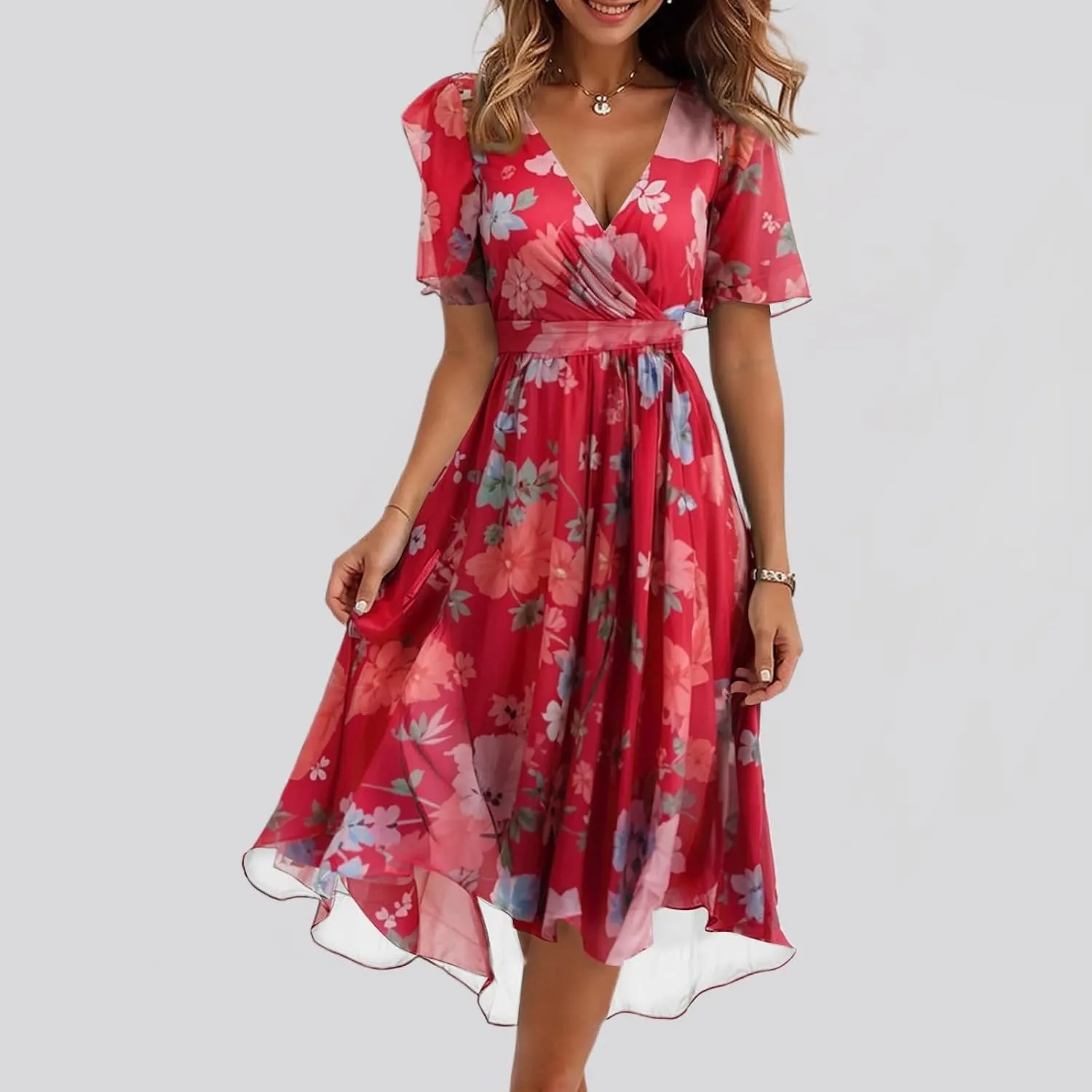 Wedding Guest Dresses for Women,Floral Chiffon Spring Summer Sexy Dresses Cocktail Womens Midi Dress Wrap Flowy