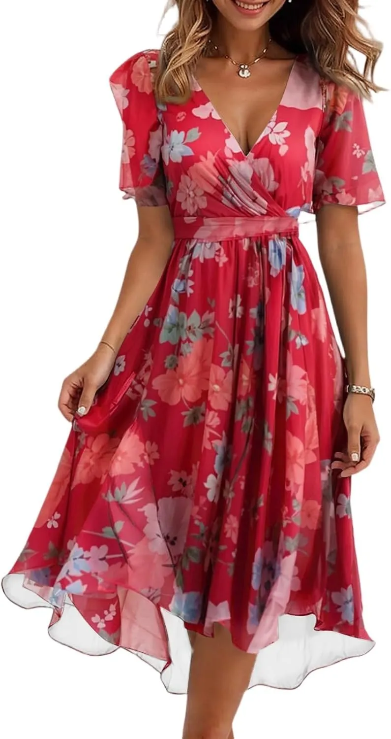Wedding Guest Dresses for Women,Floral Chiffon Spring Summer Sexy Dresses Cocktail Womens Midi Dress Wrap Flowy
