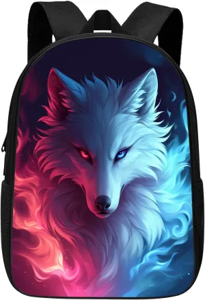 Wolf Backpack for Boys Girls Kids Teens, Cool Fire and Ice Wolf Bookbag, Elementary Middle High College School Casual Travel Bag Computer Laptop Daypack Rucksack, Blue Pink, 17 Inch