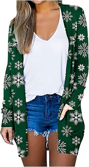 Woman Christmas Sweater Snowflake Print Long Sleeve Open Front Cardigan Fall Casual Loose Fit Clothing with Pockets