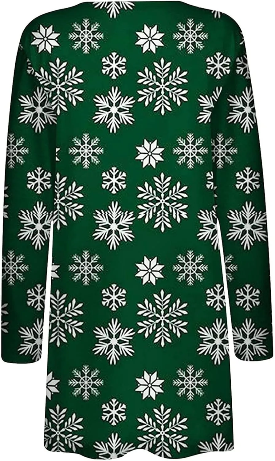 Woman Christmas Sweater Snowflake Print Long Sleeve Open Front Cardigan Fall Casual Loose Fit Clothing with Pockets