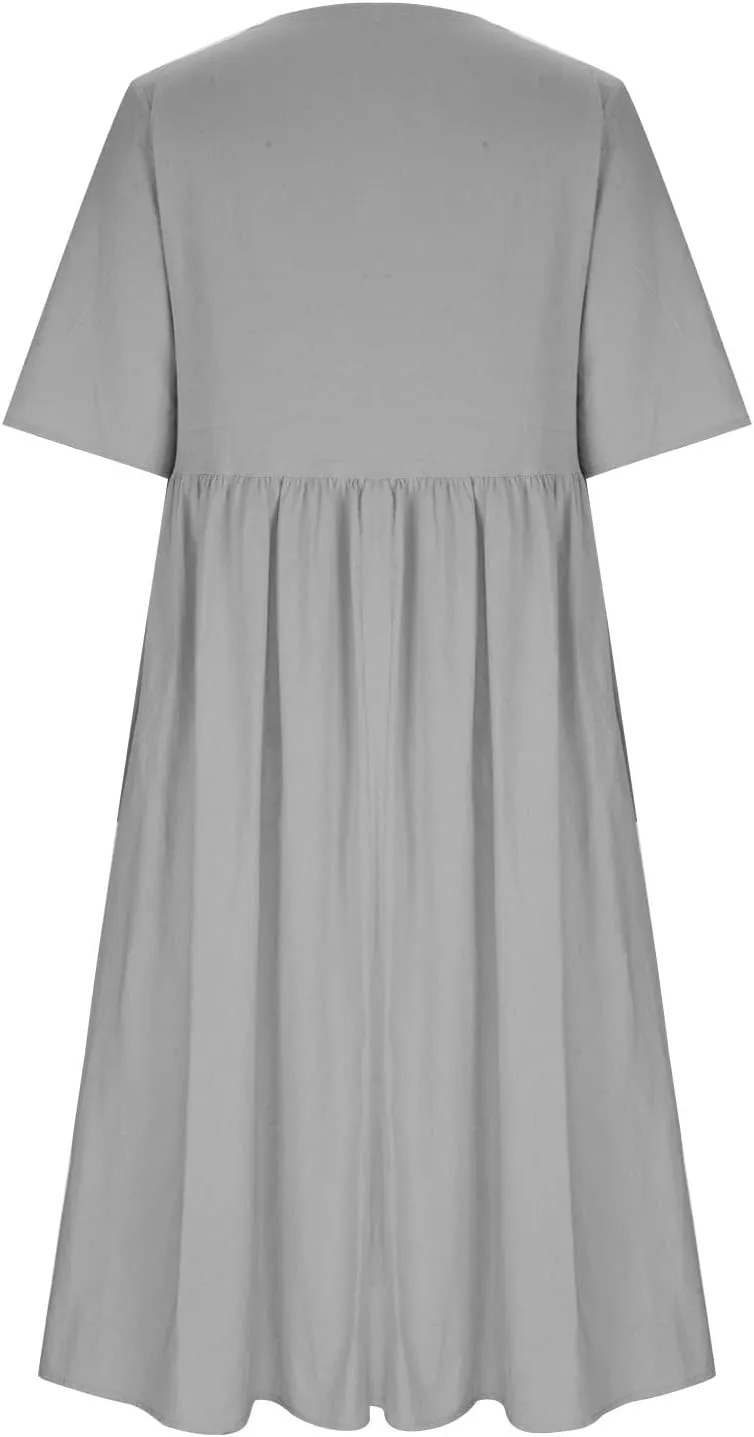 Women 2024 Casual Summer Dress Cotton Linen Maxi Long Dresses Short Sleeve Boho Dress Dressy Clothing with Pockets