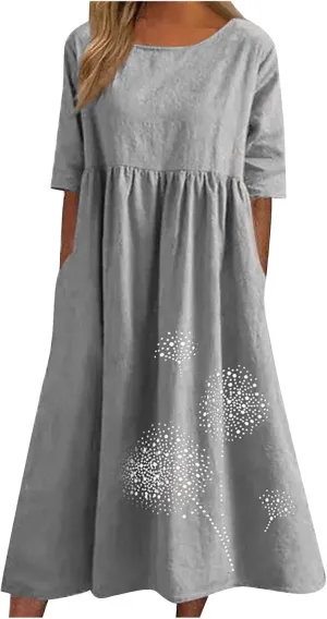 Women 2024 Casual Summer Dress Cotton Linen Maxi Long Dresses Short Sleeve Boho Dress Dressy Clothing with Pockets