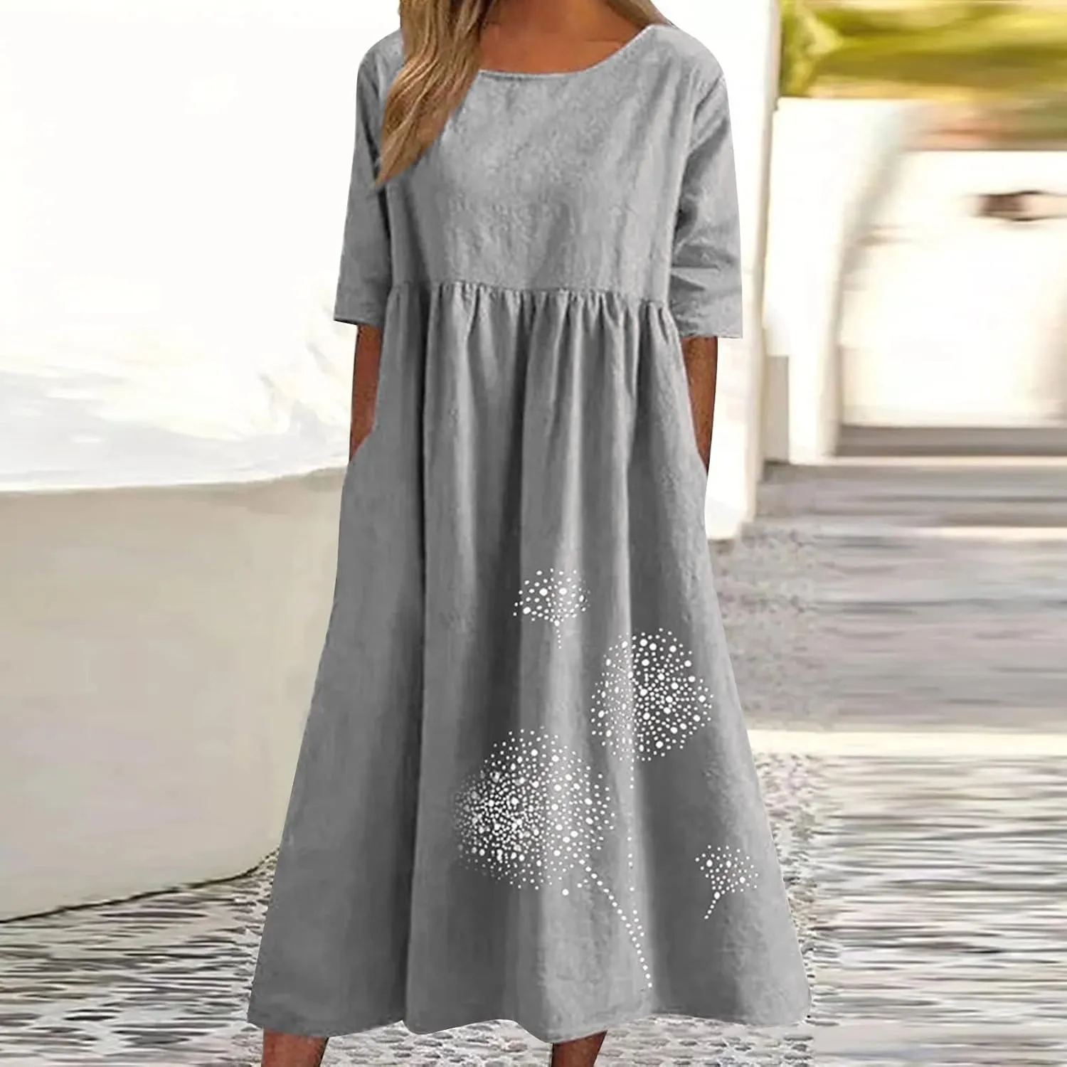 Women 2024 Casual Summer Dress Cotton Linen Maxi Long Dresses Short Sleeve Boho Dress Dressy Clothing with Pockets