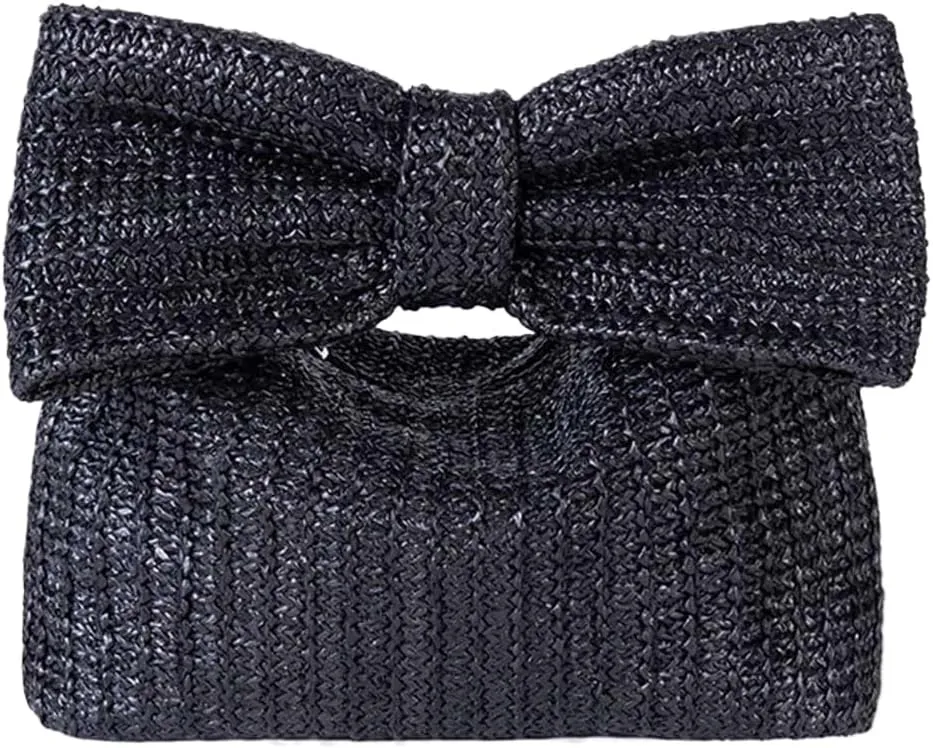 Women Bow Purse Summer Straw Woven Clutch Bag with Bow Crochet Beach Handbag Versatile Female Party Wedding Bag