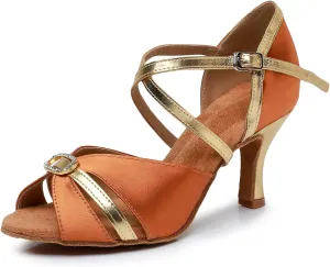Women Latin Dance Shoes Open Toe Satin Professional Performance Salsa Bachata Ballroom Dance Shoes,Model QRX-LD2232