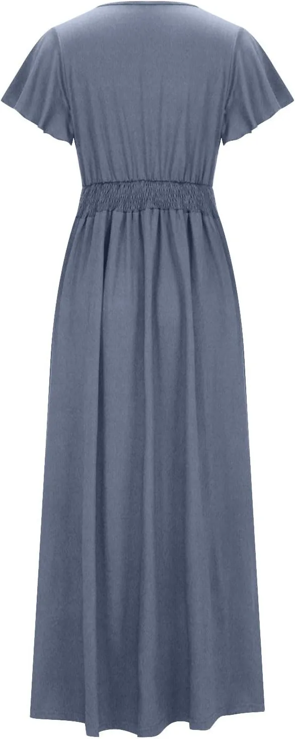 Women Long Dresses Summer V Neck Short Sleeve Dress Casual Flowy High Waisted Ankle Length Maxi Dresses Plus Size