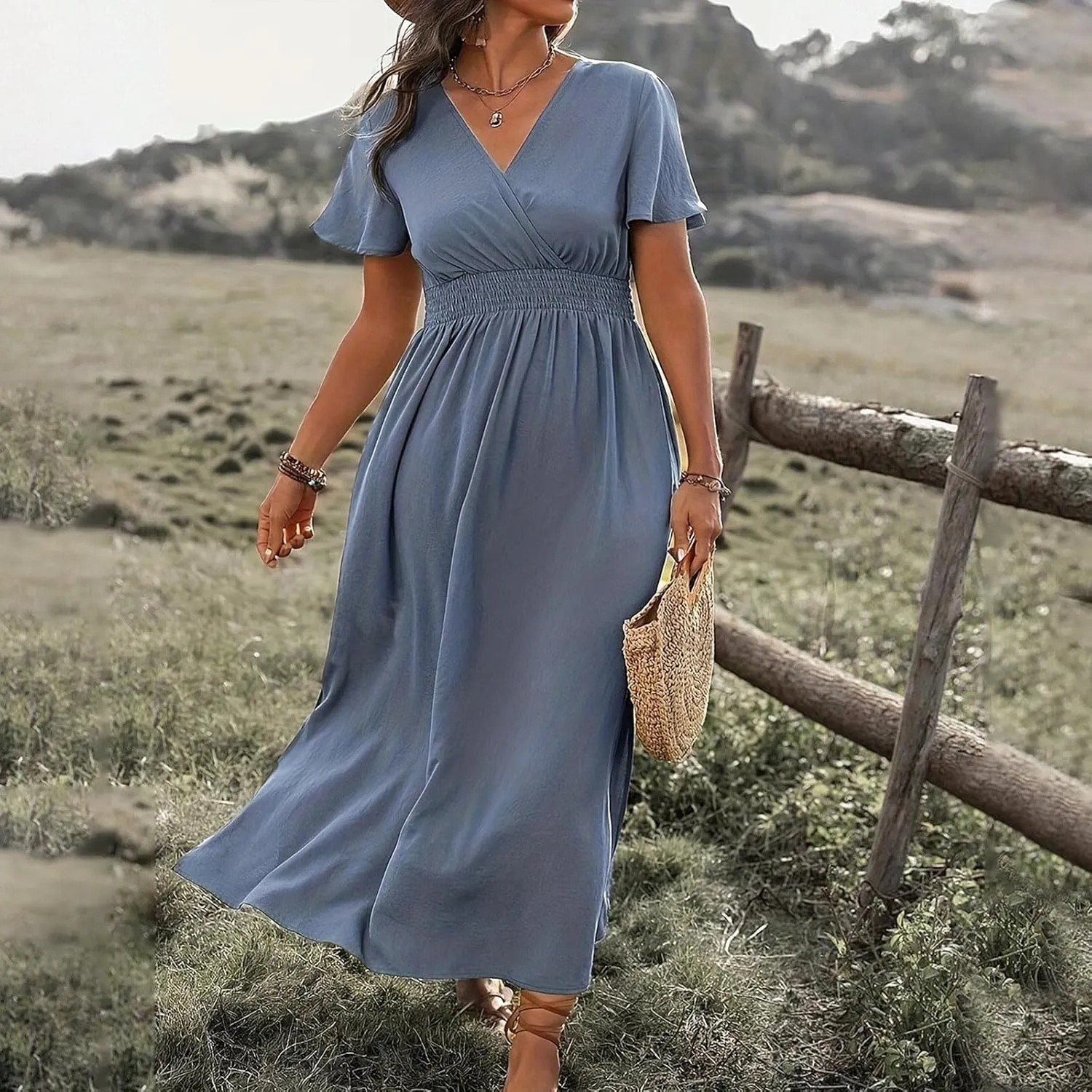 Women Long Dresses Summer V Neck Short Sleeve Dress Casual Flowy High Waisted Ankle Length Maxi Dresses Plus Size