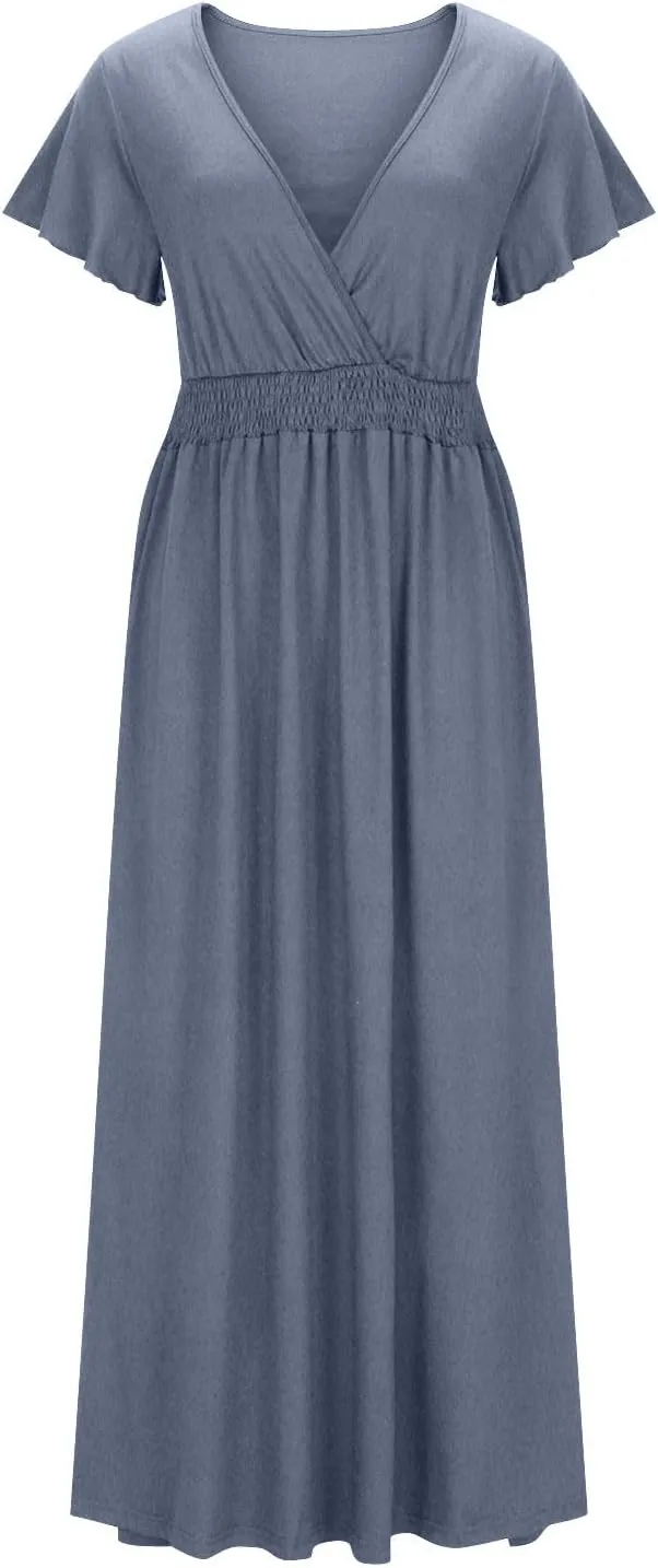 Women Long Dresses Summer V Neck Short Sleeve Dress Casual Flowy High Waisted Ankle Length Maxi Dresses Plus Size