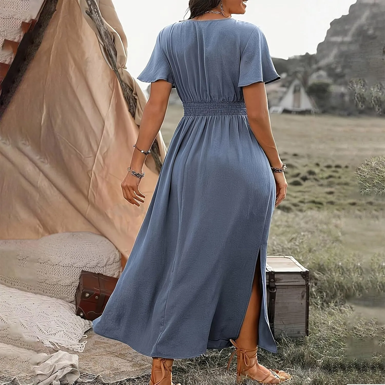 Women Long Dresses Summer V Neck Short Sleeve Dress Casual Flowy High Waisted Ankle Length Maxi Dresses Plus Size