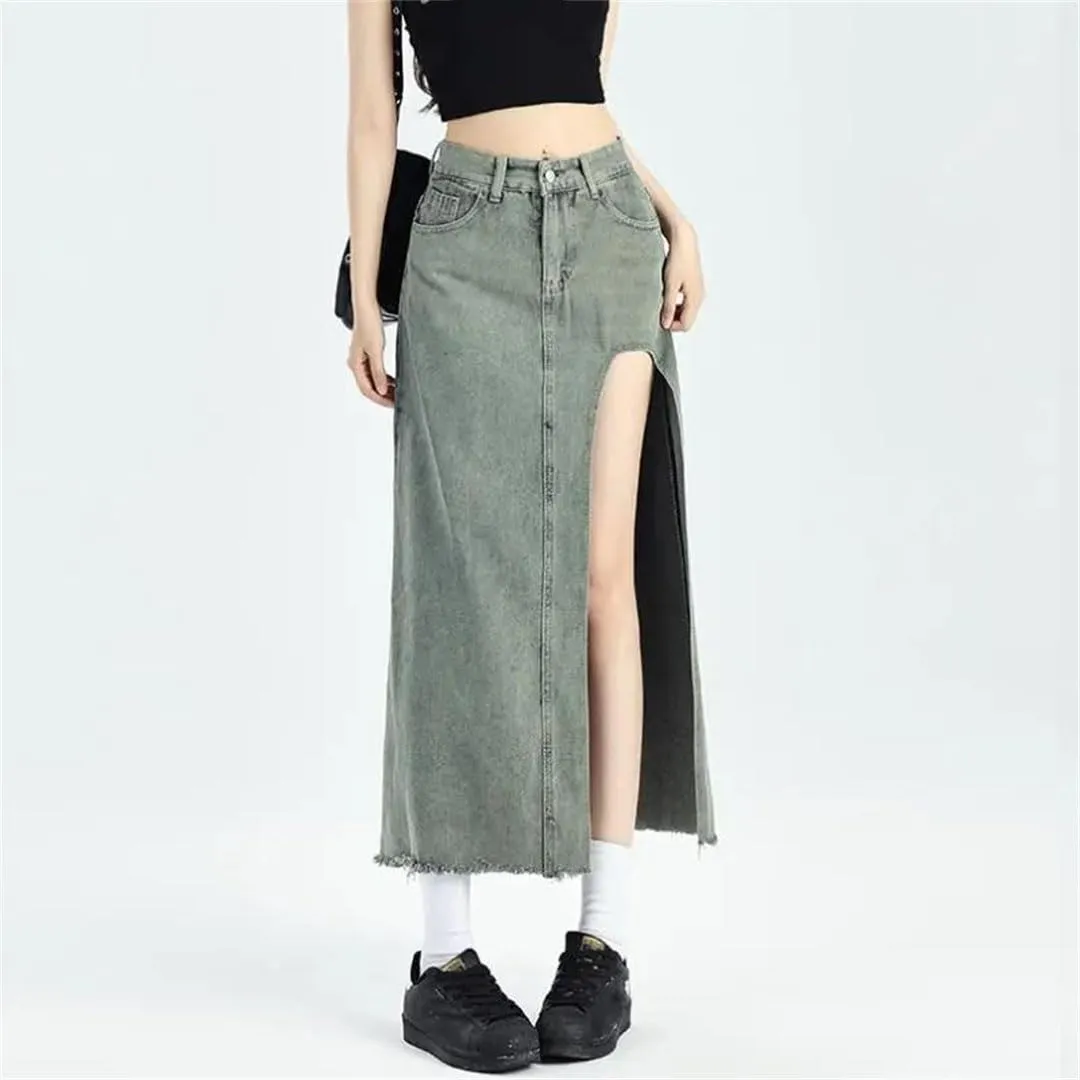 Women Retro A-Line Denim Skirt High-Waisted Slit Mid Length Skirt Sexy Street Style Clothing