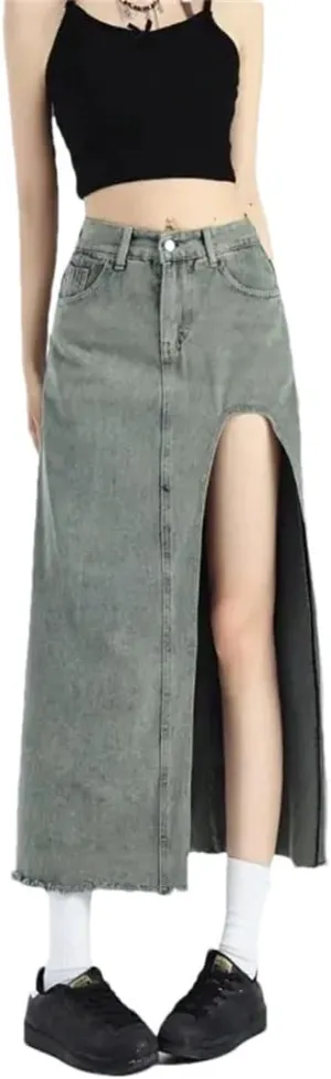 Women Retro A-Line Denim Skirt High-Waisted Slit Mid Length Skirt Sexy Street Style Clothing