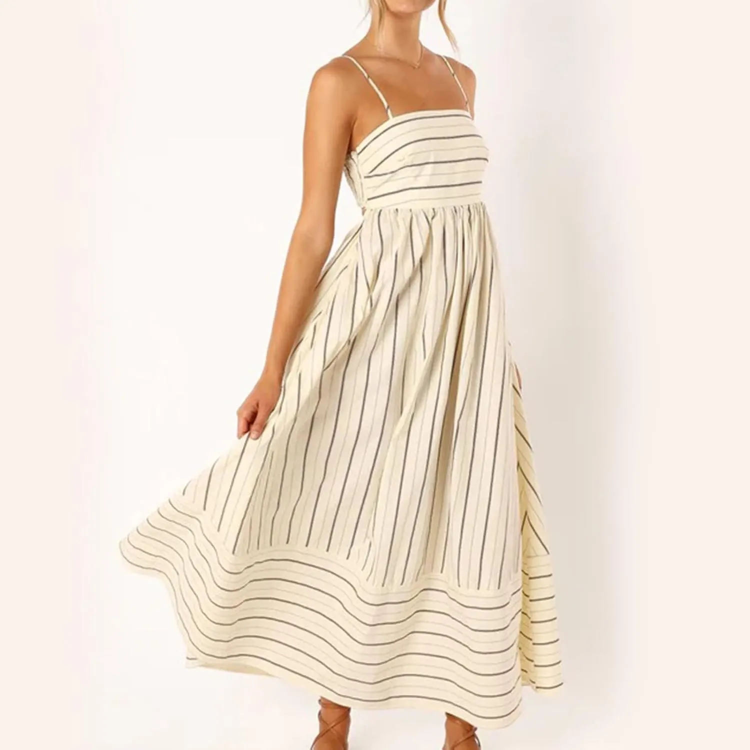 Women Striped Maxi Dress Swing Cutout Midi Dress Backless Smocked Spaghetti Strap Boho Flowy Long Sleeveless Sundress