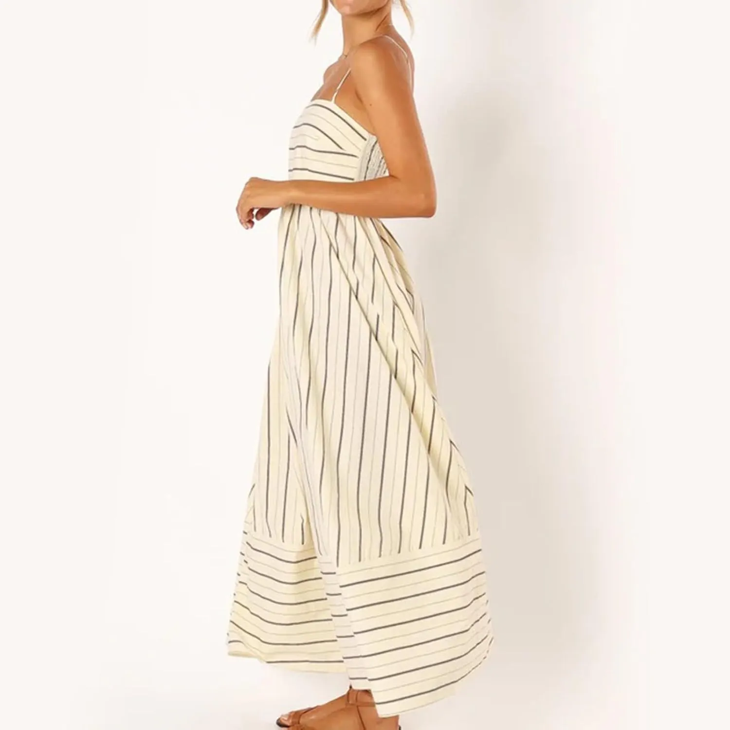 Women Striped Maxi Dress Swing Cutout Midi Dress Backless Smocked Spaghetti Strap Boho Flowy Long Sleeveless Sundress