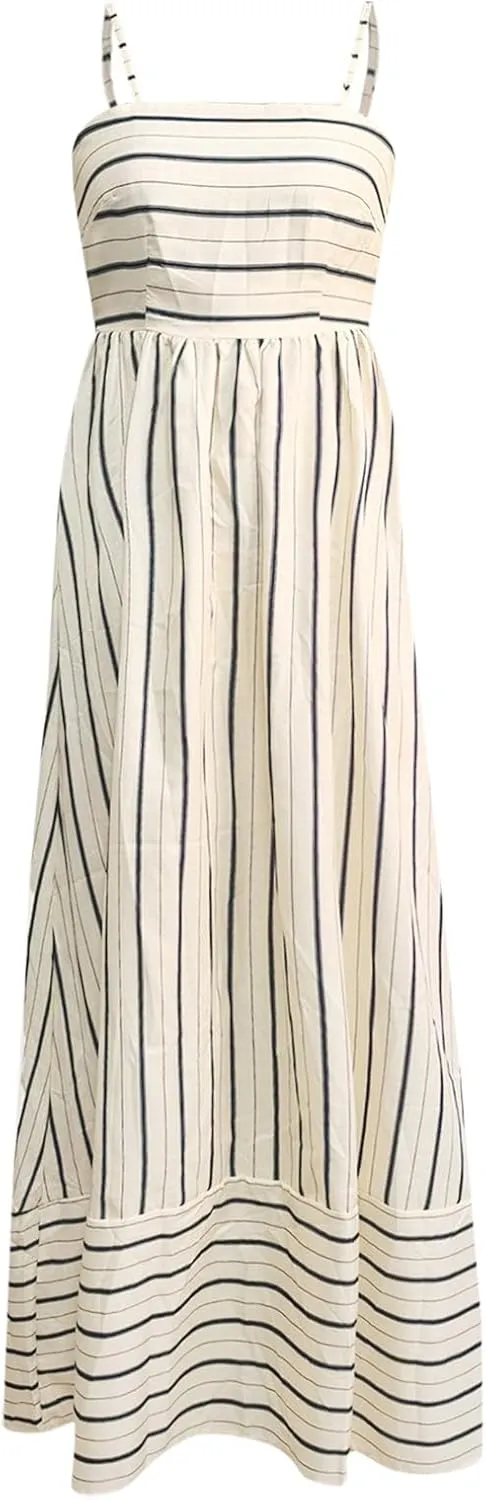 Women Striped Maxi Dress Swing Cutout Midi Dress Backless Smocked Spaghetti Strap Boho Flowy Long Sleeveless Sundress