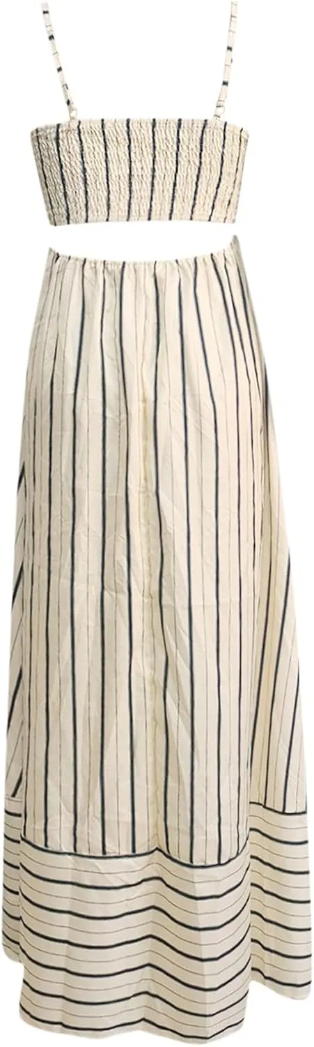 Women Striped Maxi Dress Swing Cutout Midi Dress Backless Smocked Spaghetti Strap Boho Flowy Long Sleeveless Sundress