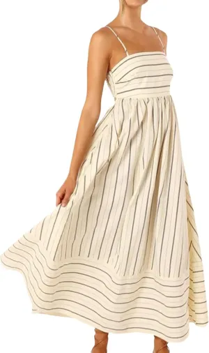 Women Striped Maxi Dress Swing Cutout Midi Dress Backless Smocked Spaghetti Strap Boho Flowy Long Sleeveless Sundress