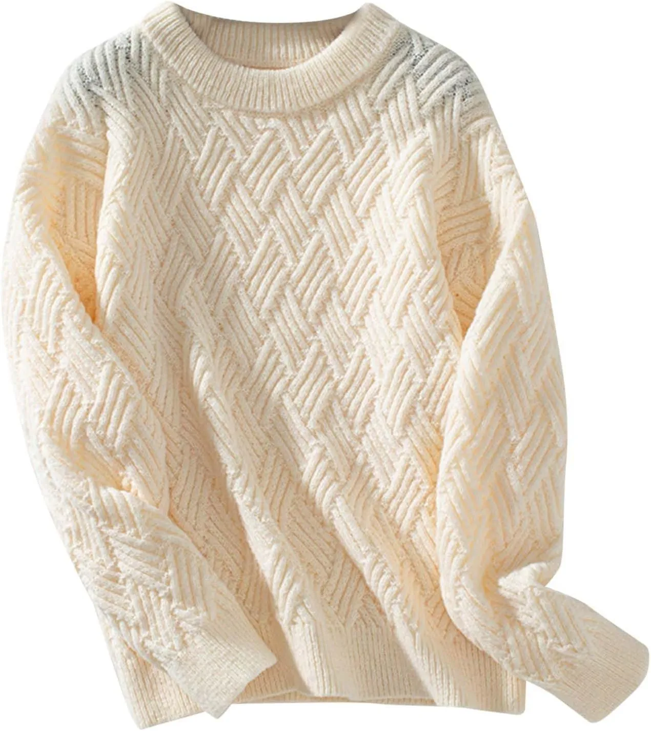 Women Sweater Chunky Knit Round Neck Solid Color Long Sleeve Casual Soft Loose Fit Jumper Tops
