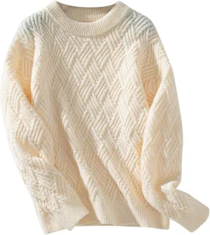 Women Sweater Chunky Knit Round Neck Solid Color Long Sleeve Casual Soft Loose Fit Jumper Tops