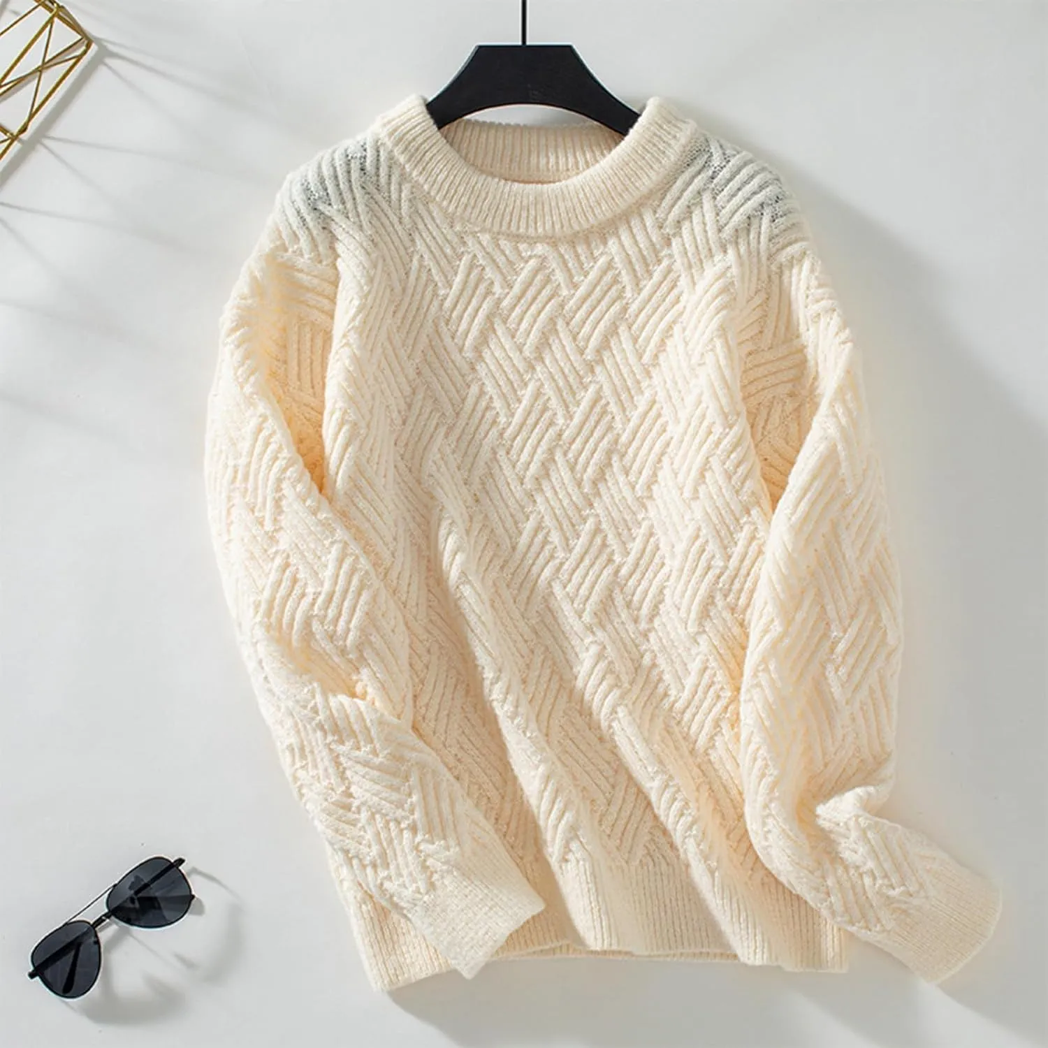 Women Sweater Chunky Knit Round Neck Solid Color Long Sleeve Casual Soft Loose Fit Jumper Tops
