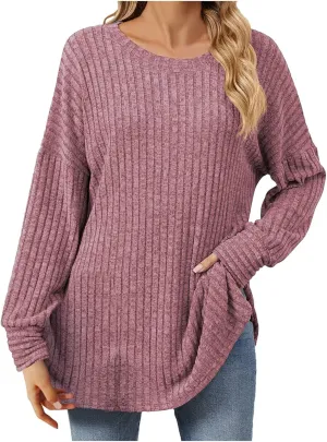 Women Sweaters Chunky Knit Crewneck Solid Color Long Sleeve Soft Casual Lightweight Sweaters Tops