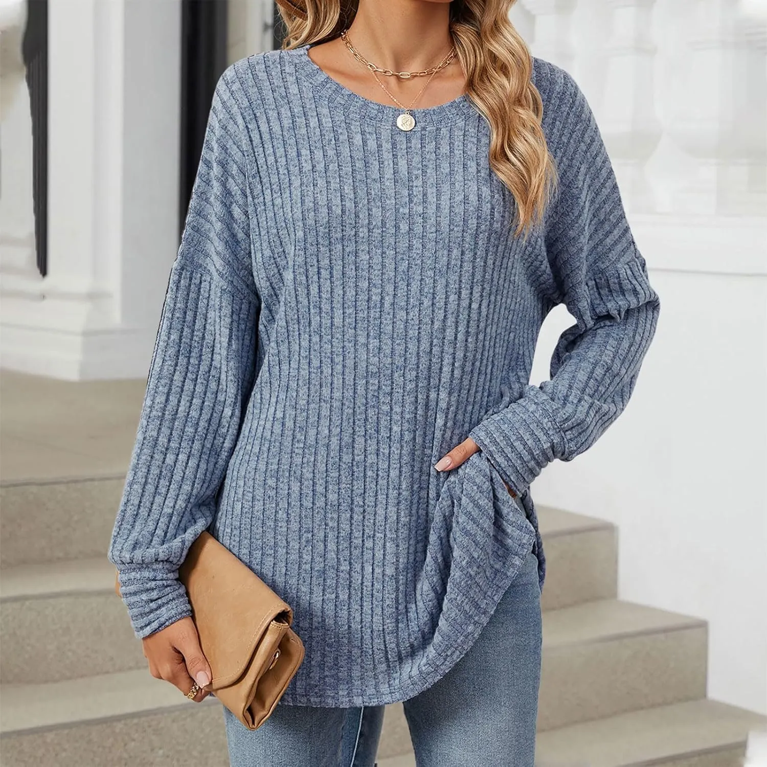 Women Sweaters Chunky Knit Crewneck Solid Color Long Sleeve Soft Casual Lightweight Sweaters Tops