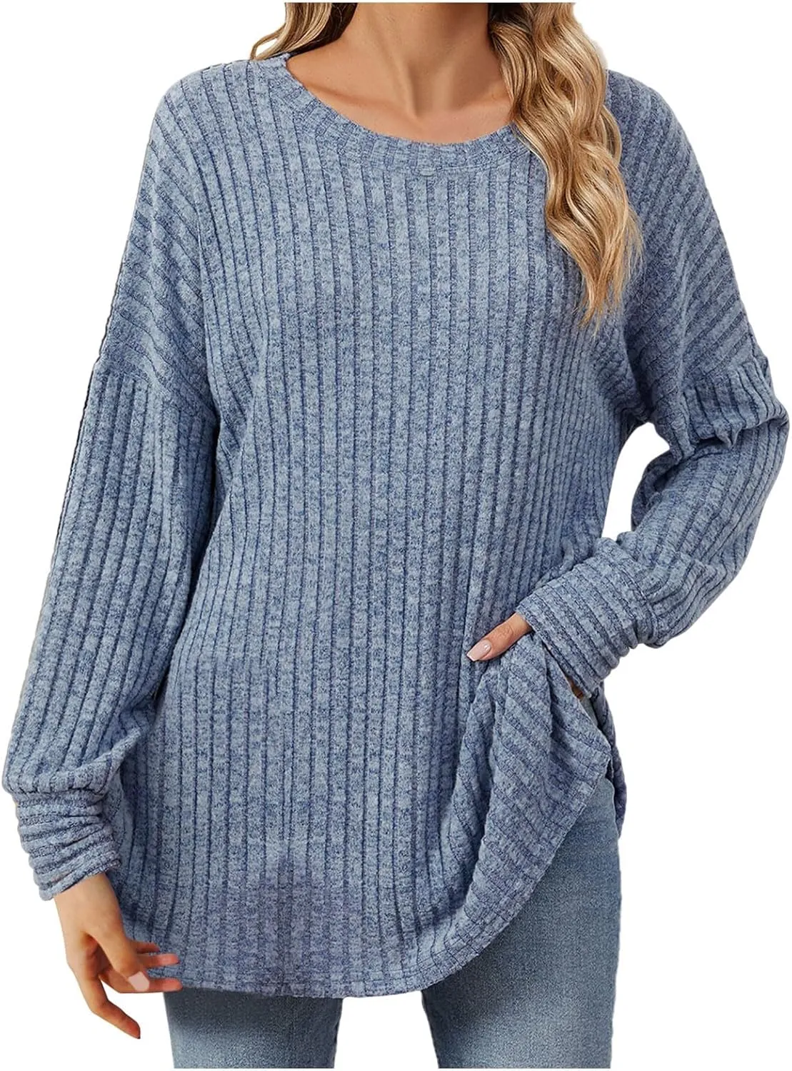 Women Sweaters Chunky Knit Crewneck Solid Color Long Sleeve Soft Casual Lightweight Sweaters Tops