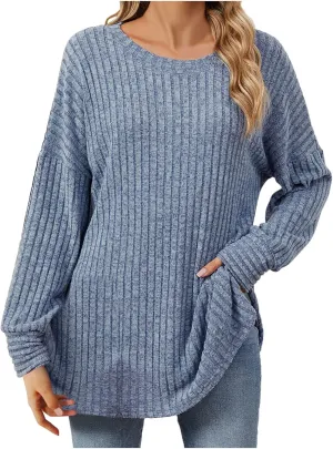 Women Sweaters Chunky Knit Crewneck Solid Color Long Sleeve Soft Casual Lightweight Sweaters Tops