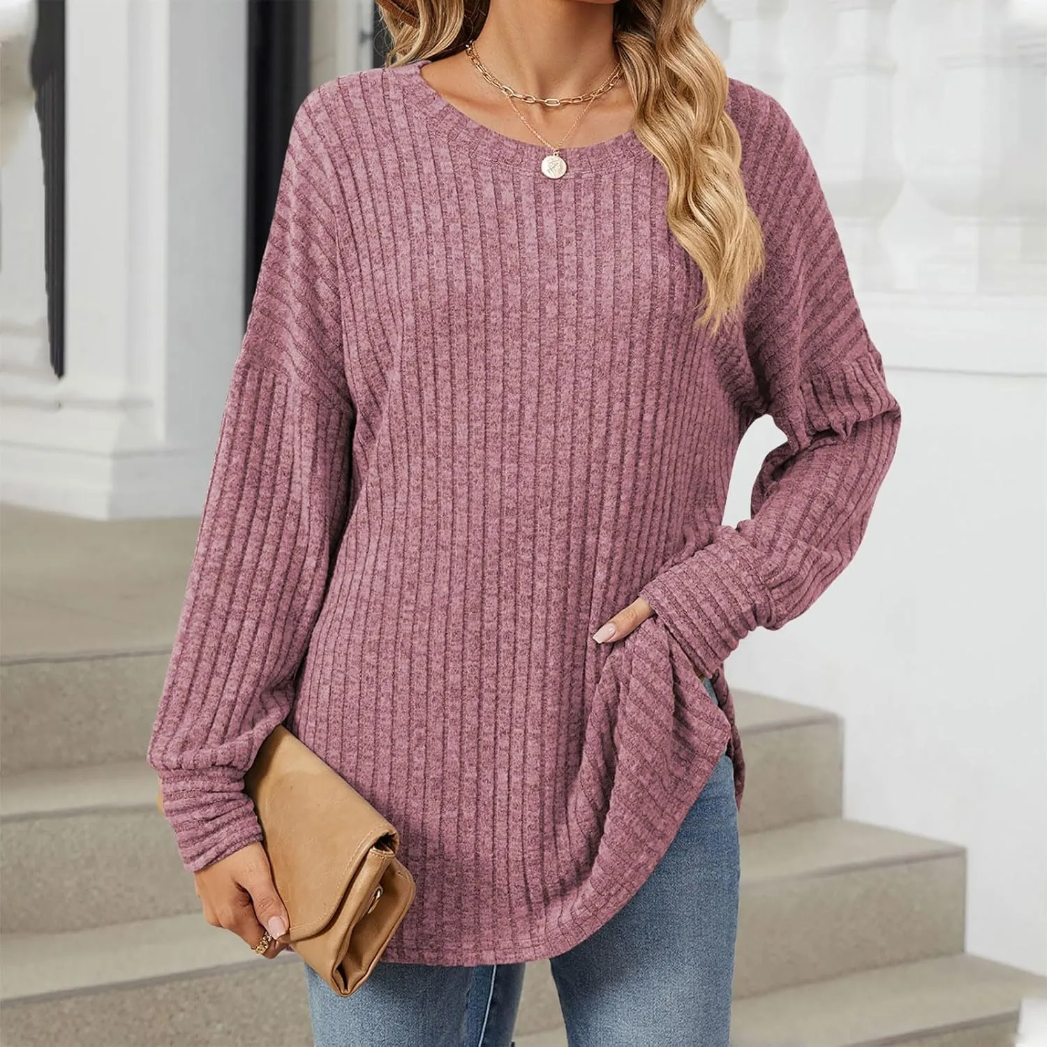 Women Sweaters Chunky Knit Crewneck Solid Color Long Sleeve Soft Casual Lightweight Sweaters Tops