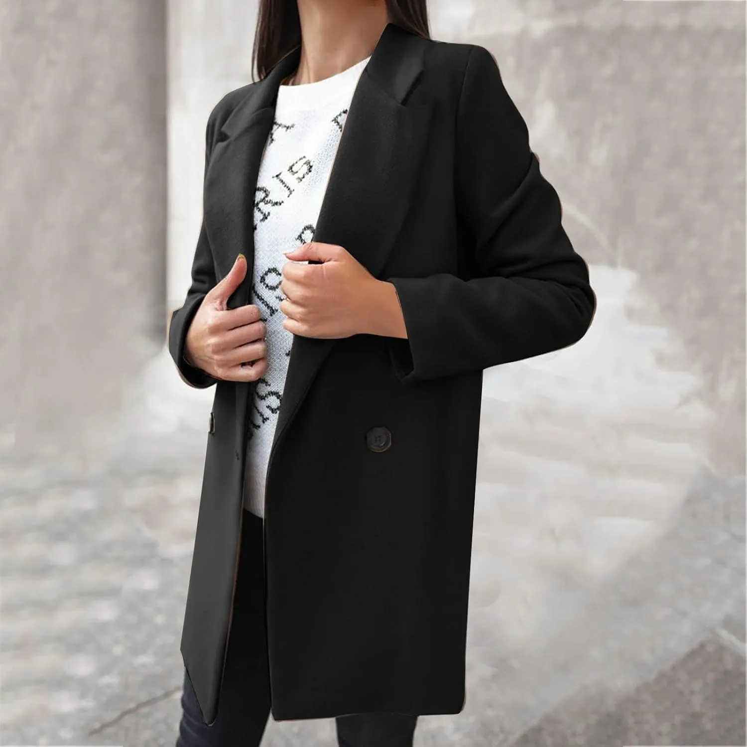 Women's 2024 Wool Blend Pea Coat Double Breasted Long Winter Coats Mid Long Pea Trench Coat Notch Lapel Over Coat