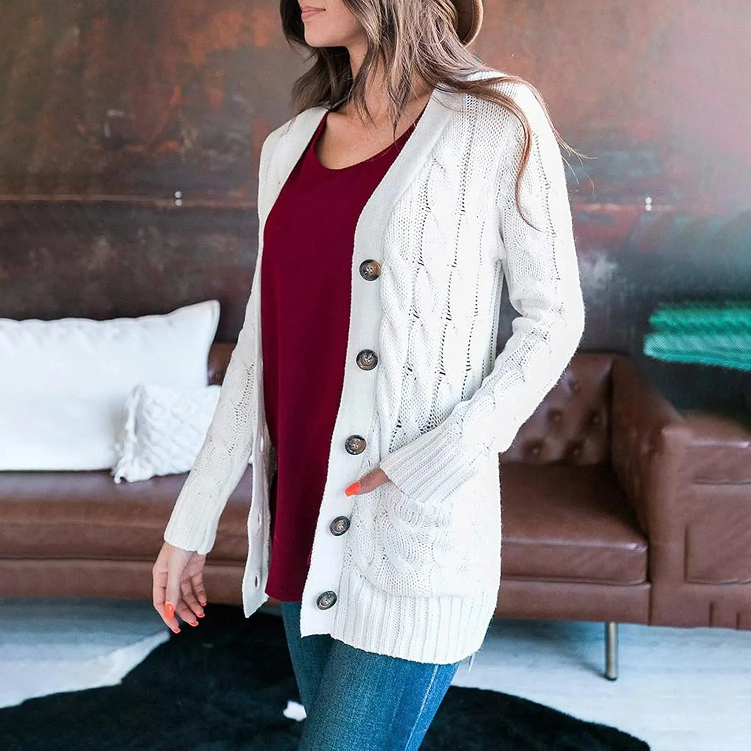 Womens Cardigan Sweaters Long Sleeve Button Down Cable Knit Cardigan Open Front Lightweight with Pockets Fall Cardigan