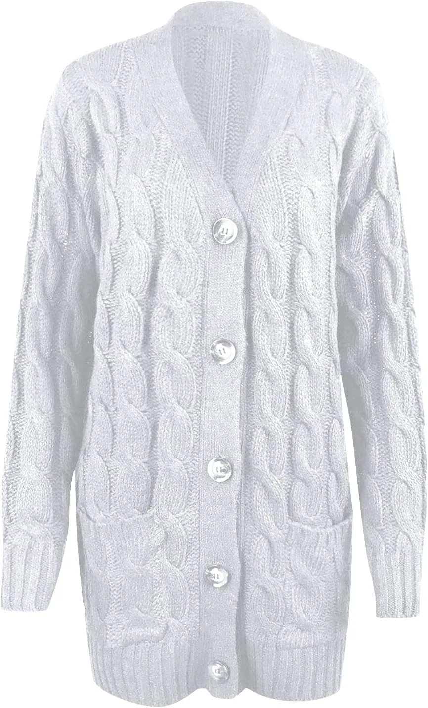Womens Cardigan Sweaters Long Sleeve Button Down Cable Knit Cardigan Open Front Lightweight with Pockets Fall Cardigan