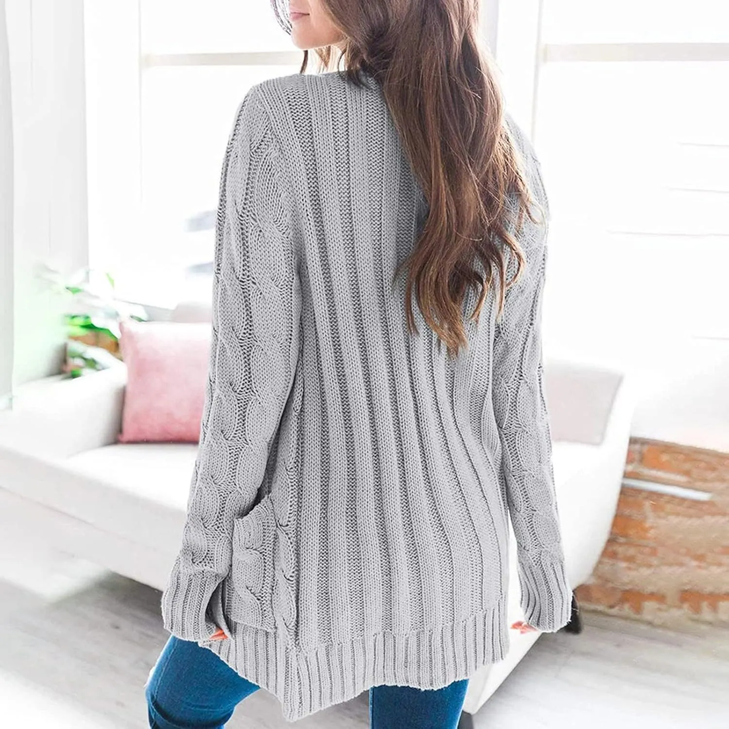 Womens Cardigan Sweaters Long Sleeve Button Down Cable Knit Cardigan Open Front Lightweight with Pockets Fall Cardigan