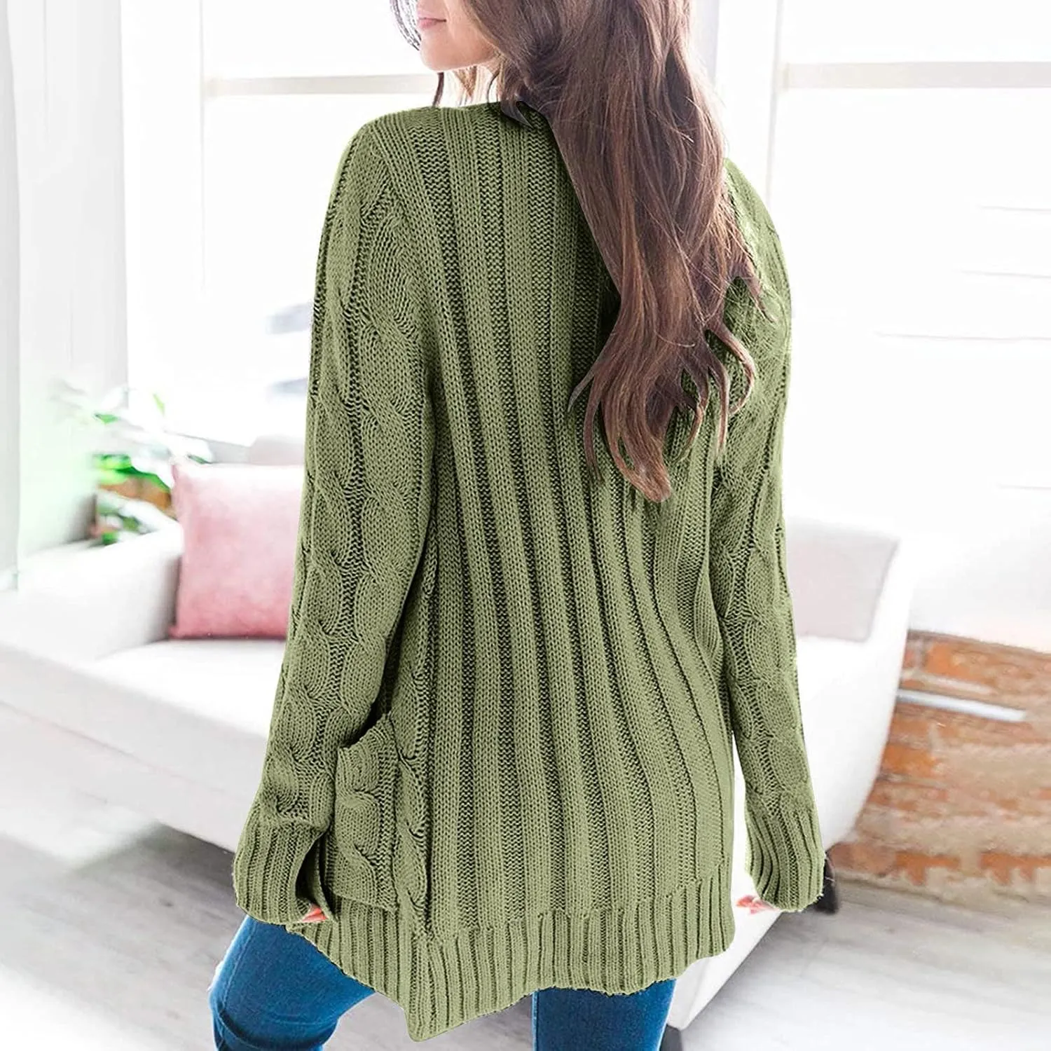 Womens Cardigan Sweaters Long Sleeve Button Down Cable Knit Cardigan Open Front Lightweight with Pockets Fall Cardigan