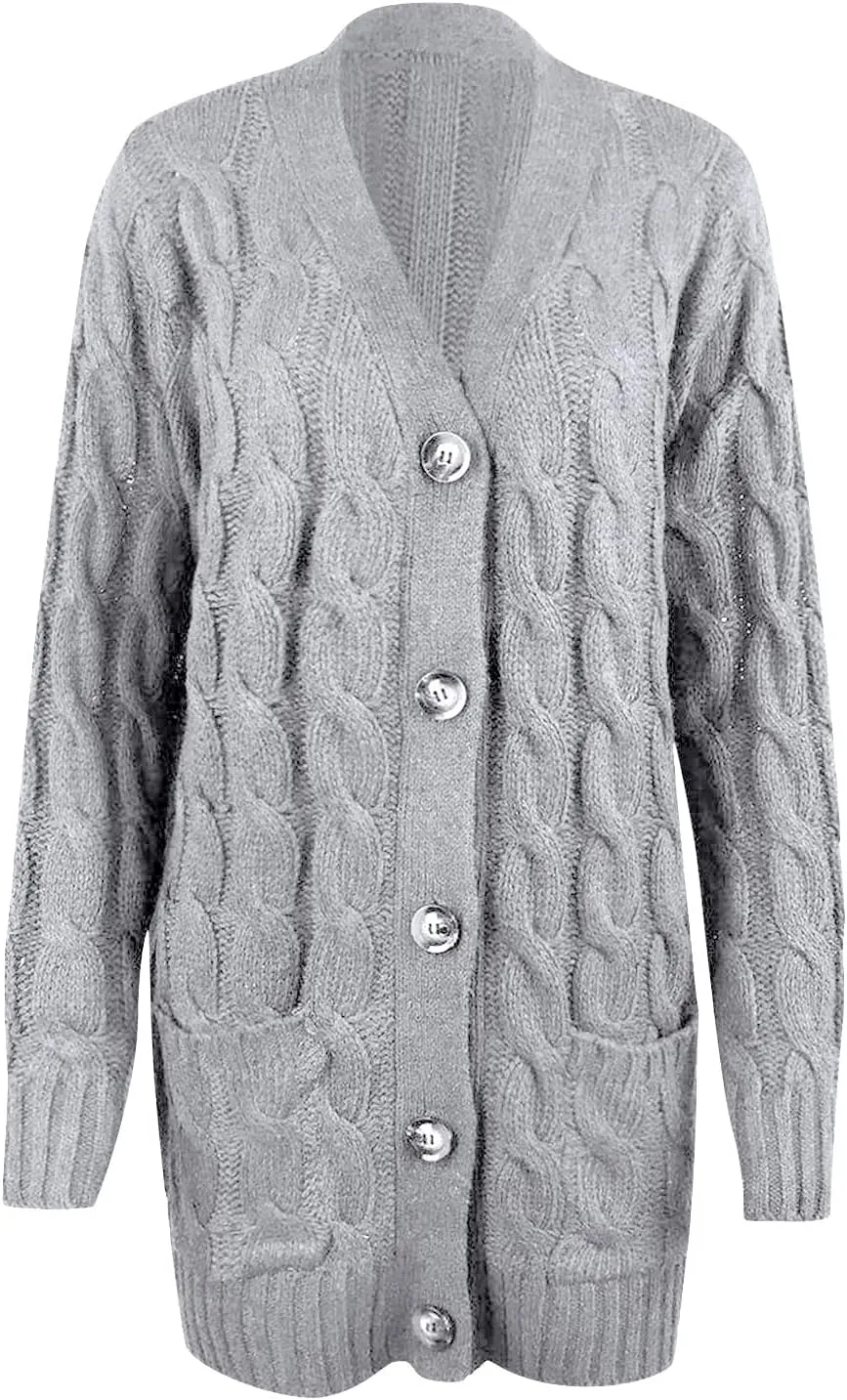 Womens Cardigan Sweaters Long Sleeve Button Down Cable Knit Cardigan Open Front Lightweight with Pockets Fall Cardigan