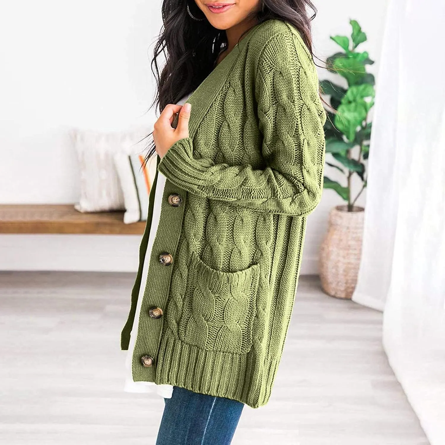 Womens Cardigan Sweaters Long Sleeve Button Down Cable Knit Cardigan Open Front Lightweight with Pockets Fall Cardigan