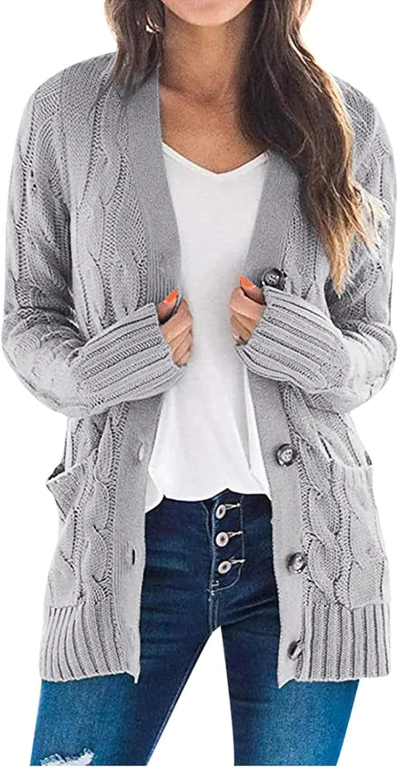 Womens Cardigan Sweaters Long Sleeve Button Down Cable Knit Cardigan Open Front Lightweight with Pockets Fall Cardigan
