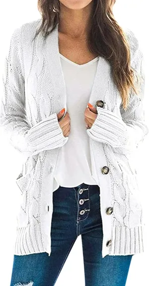 Womens Cardigan Sweaters Long Sleeve Button Down Cable Knit Cardigan Open Front Lightweight with Pockets Fall Cardigan