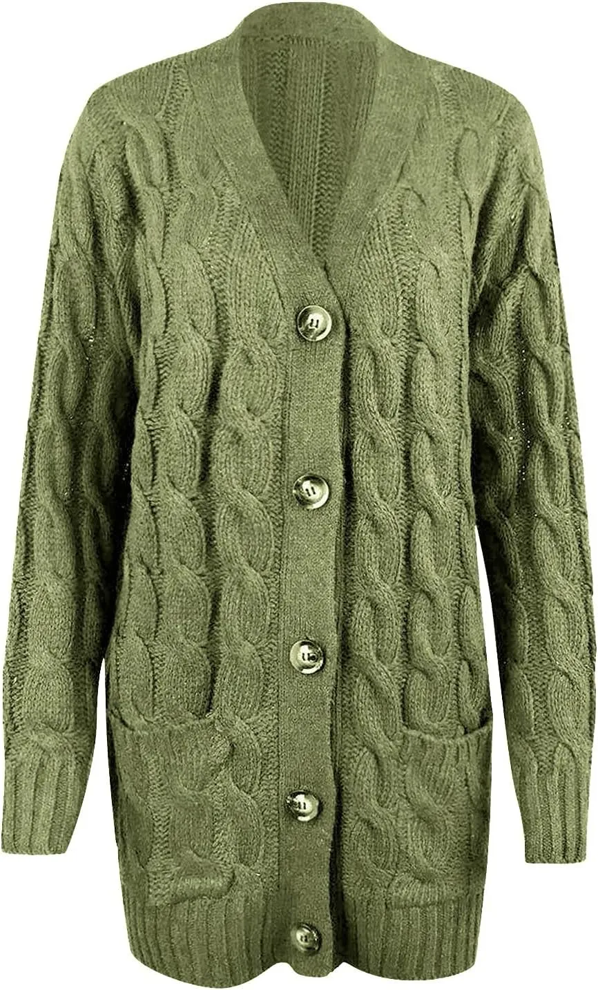 Womens Cardigan Sweaters Long Sleeve Button Down Cable Knit Cardigan Open Front Lightweight with Pockets Fall Cardigan
