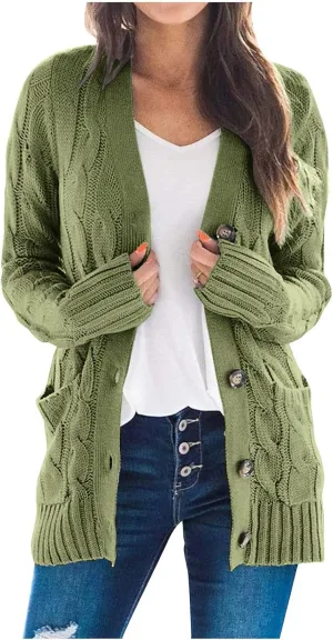 Womens Cardigan Sweaters Long Sleeve Button Down Cable Knit Cardigan Open Front Lightweight with Pockets Fall Cardigan