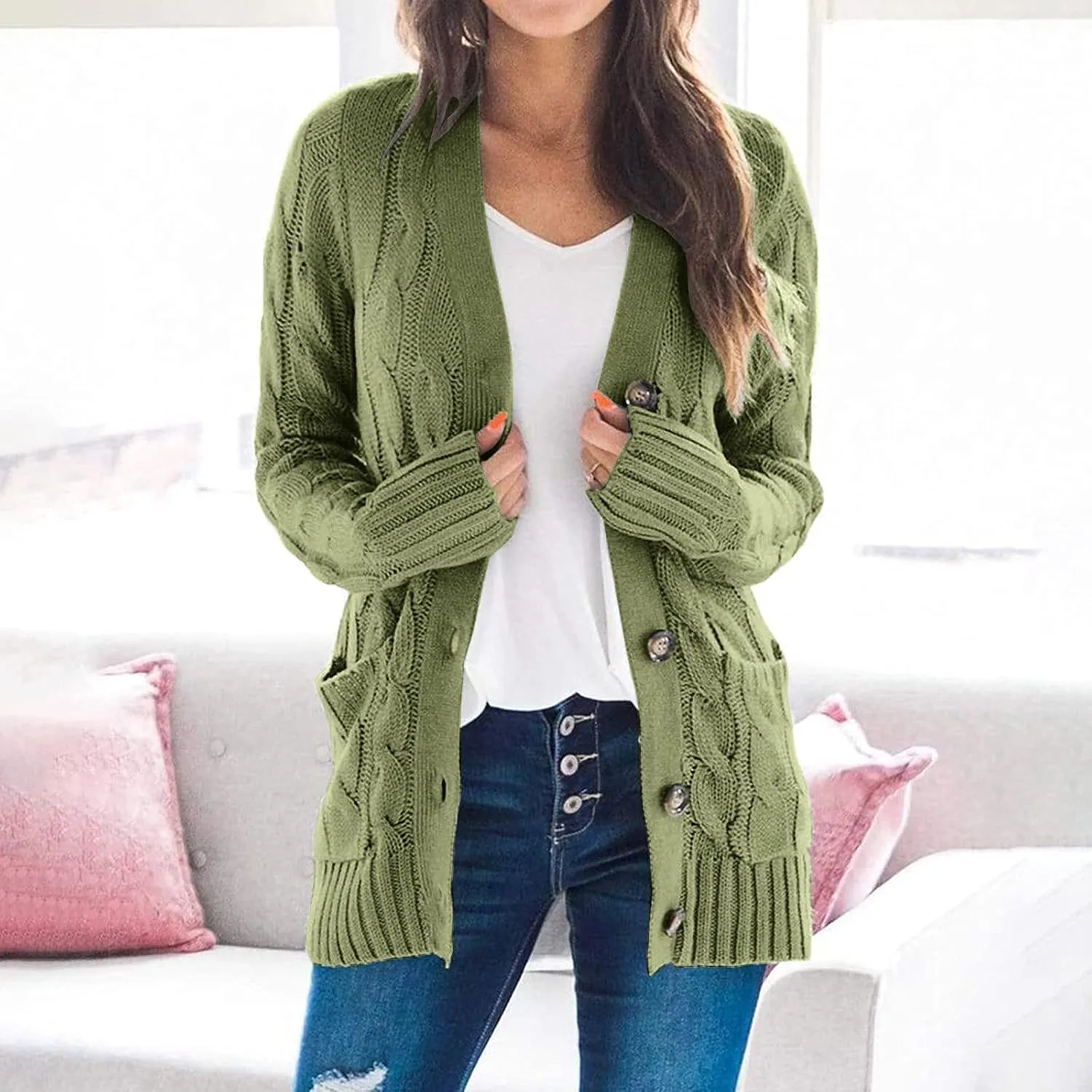 Womens Cardigan Sweaters Long Sleeve Button Down Cable Knit Cardigan Open Front Lightweight with Pockets Fall Cardigan