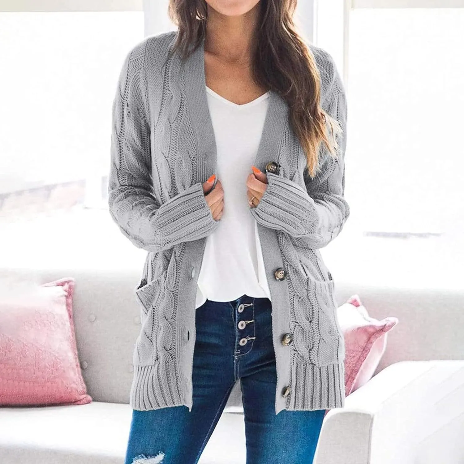 Womens Cardigan Sweaters Long Sleeve Button Down Cable Knit Cardigan Open Front Lightweight with Pockets Fall Cardigan