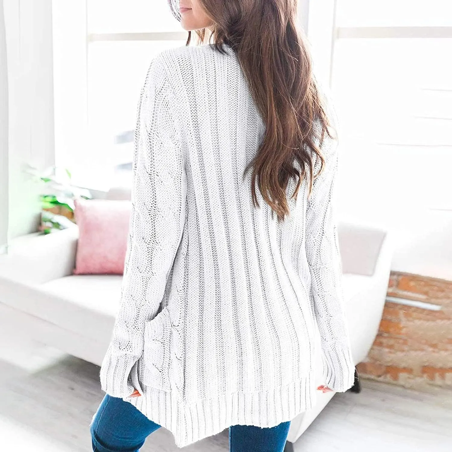 Womens Cardigan Sweaters Long Sleeve Button Down Cable Knit Cardigan Open Front Lightweight with Pockets Fall Cardigan