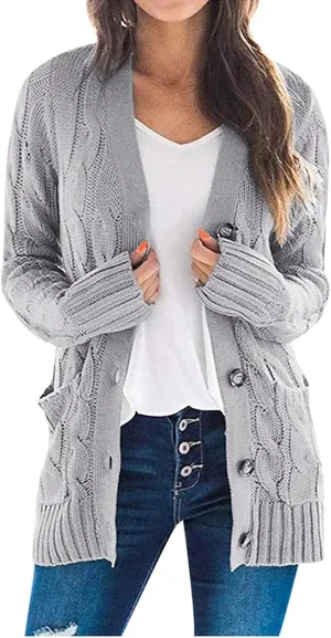 Womens Cardigan Sweaters Long Sleeve Button Down Cable Knit Cardigan Open Front Lightweight with Pockets Fall Cardigan