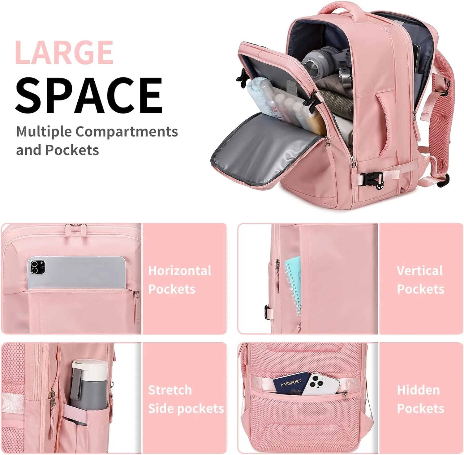 Women's Casual Daypack Backpacks, Carry On Travel Backpack Flight Approved, Expandable Multiple Compartments Laptop Backpack Pink