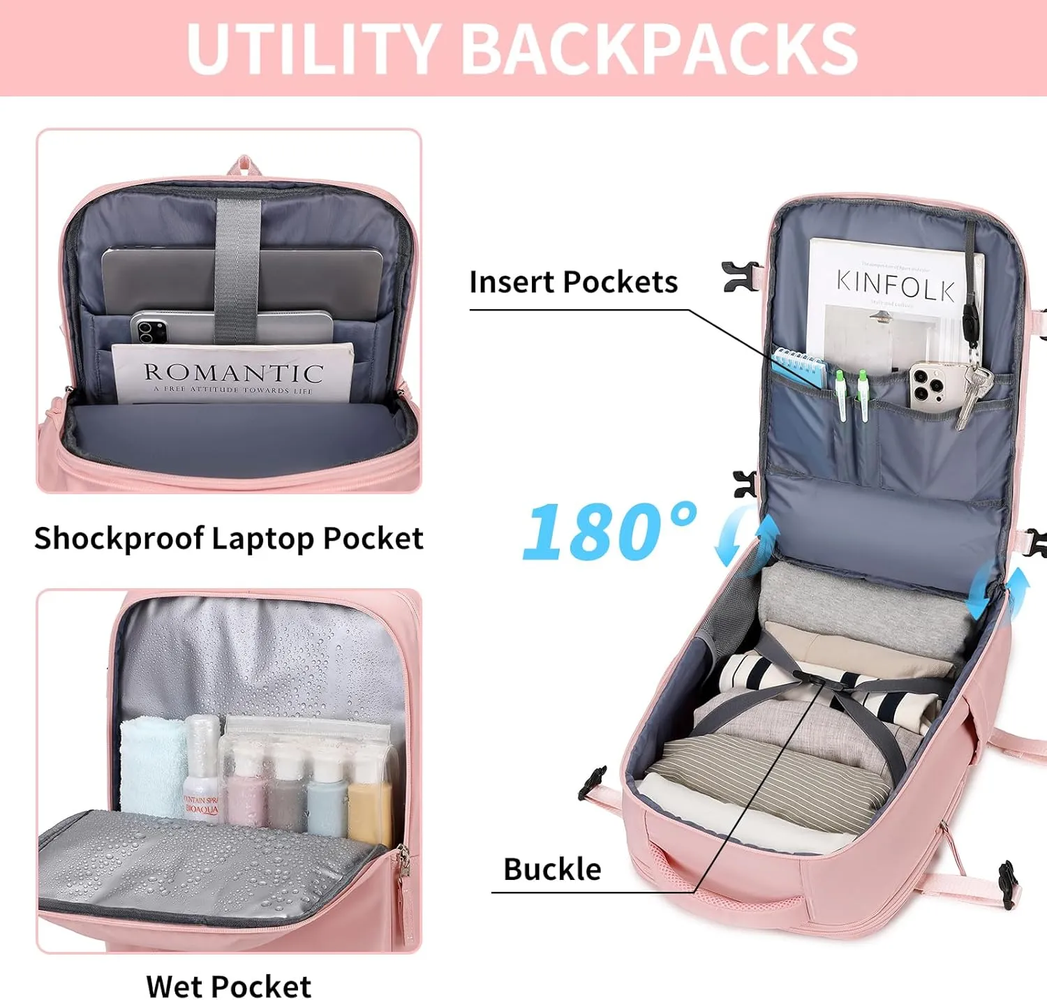 Women's Casual Daypack Backpacks, Carry On Travel Backpack Flight Approved, Expandable Multiple Compartments Laptop Backpack Pink