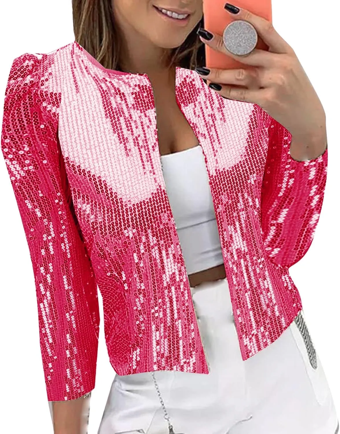 Womens Casual Open Front Sequin Jackets Cardigan Glitter Long Sleeve Shawl Collar Short Sport Coats Cropped Blazer Jackets